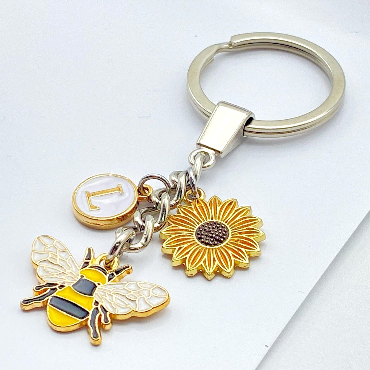 Bee and Sunflower Keyring with Personalised Initial Charm