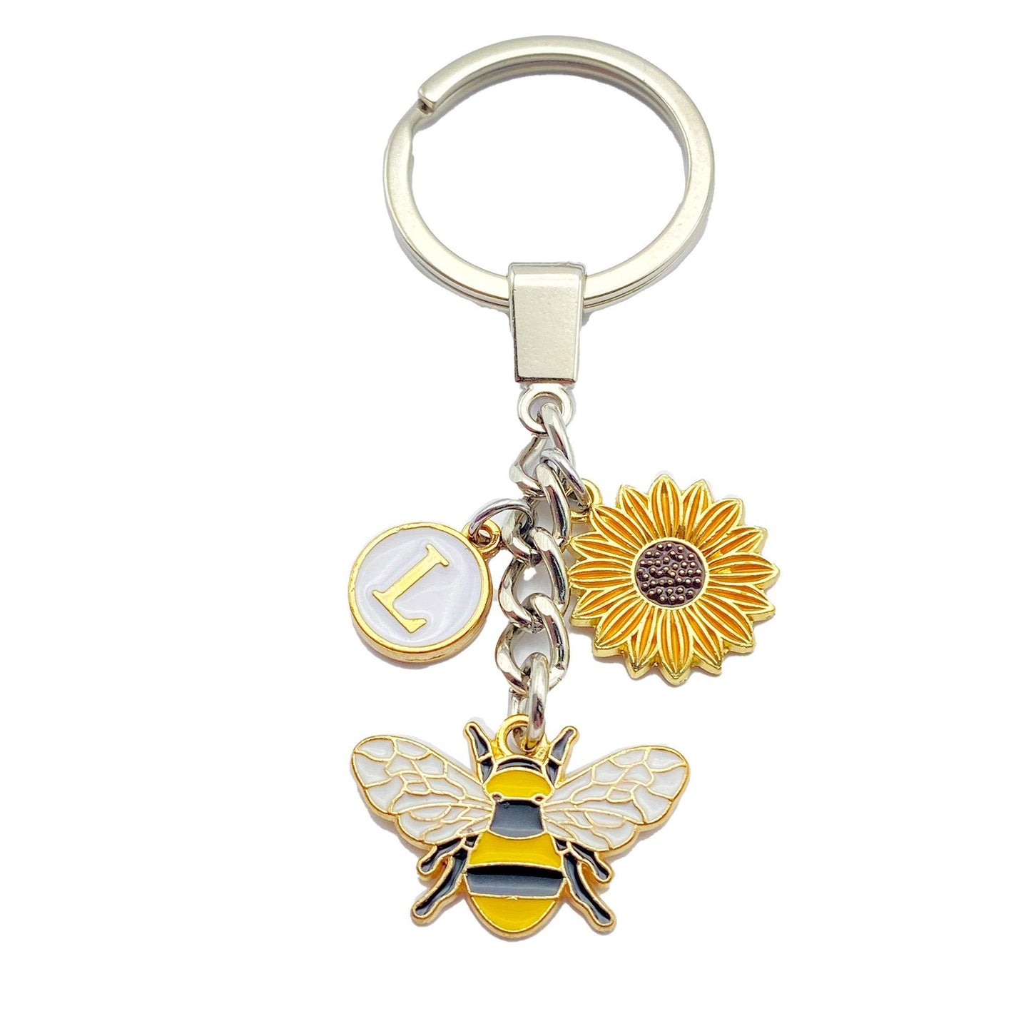 Bee and Sunflower Keyring with Personalised Initial Charm